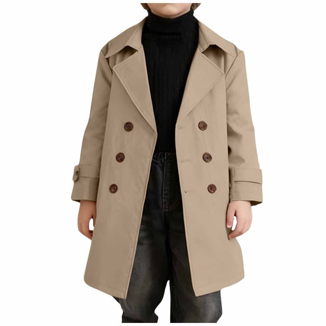 Fall Saving! HVOBTTY Boys Long Sleeve Open Front Cardigan, Children's Solid Color Button-Up Coat Medium To Large Sizes Casual Pullover with Pockets Mid-Length Outerwear with Belt Khaki, 9 Years