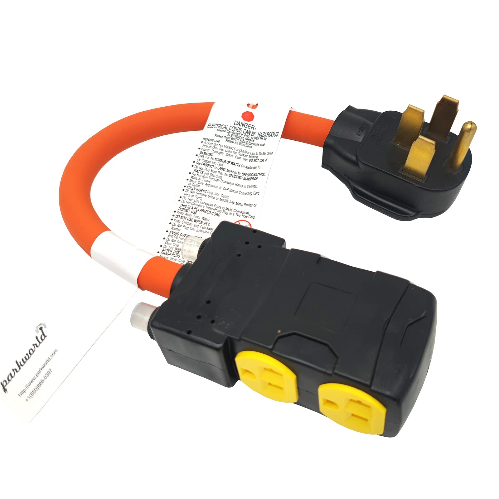 Parkworld 64873 NEMA 14-50P to 5-20R (T-Balde 5-15R) Adapter Cord with 24amp Circuit Breaker, RV 4-Prong 50A Plug to 4 of Household Regular 3-Prong 15A Outlet