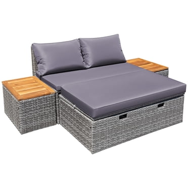 Flamaker Outdoor Rattan Lounge Chair With 2 Side Tables, Multifunctional Outdoor Patio Daybed With Footrest, Cushions, Storage Ottoman,Chaise Lounge Chair For Backyard Porch Poolside(Grey