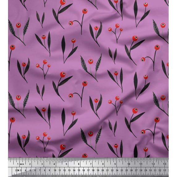 Soimoi Purple Poly Georgette Fabric Red Berries & Leaves Print Fabric by the Yard 42 Inch Wide