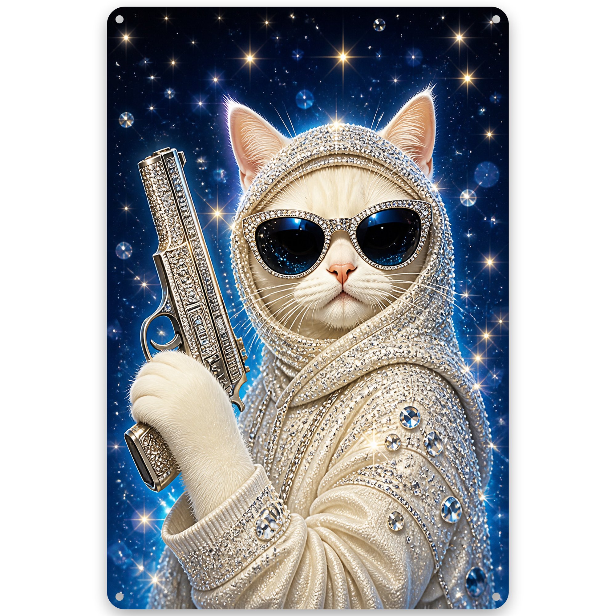 Cat with Bling Gun Metal Wall Decor Sign, 8x12 Inch, Retro Glam Design, Rustic Vintage Home Decor for Living Room, Office or Man Cave, Easy Hanging, Indoor/Outdoor Use, Weather Resistant