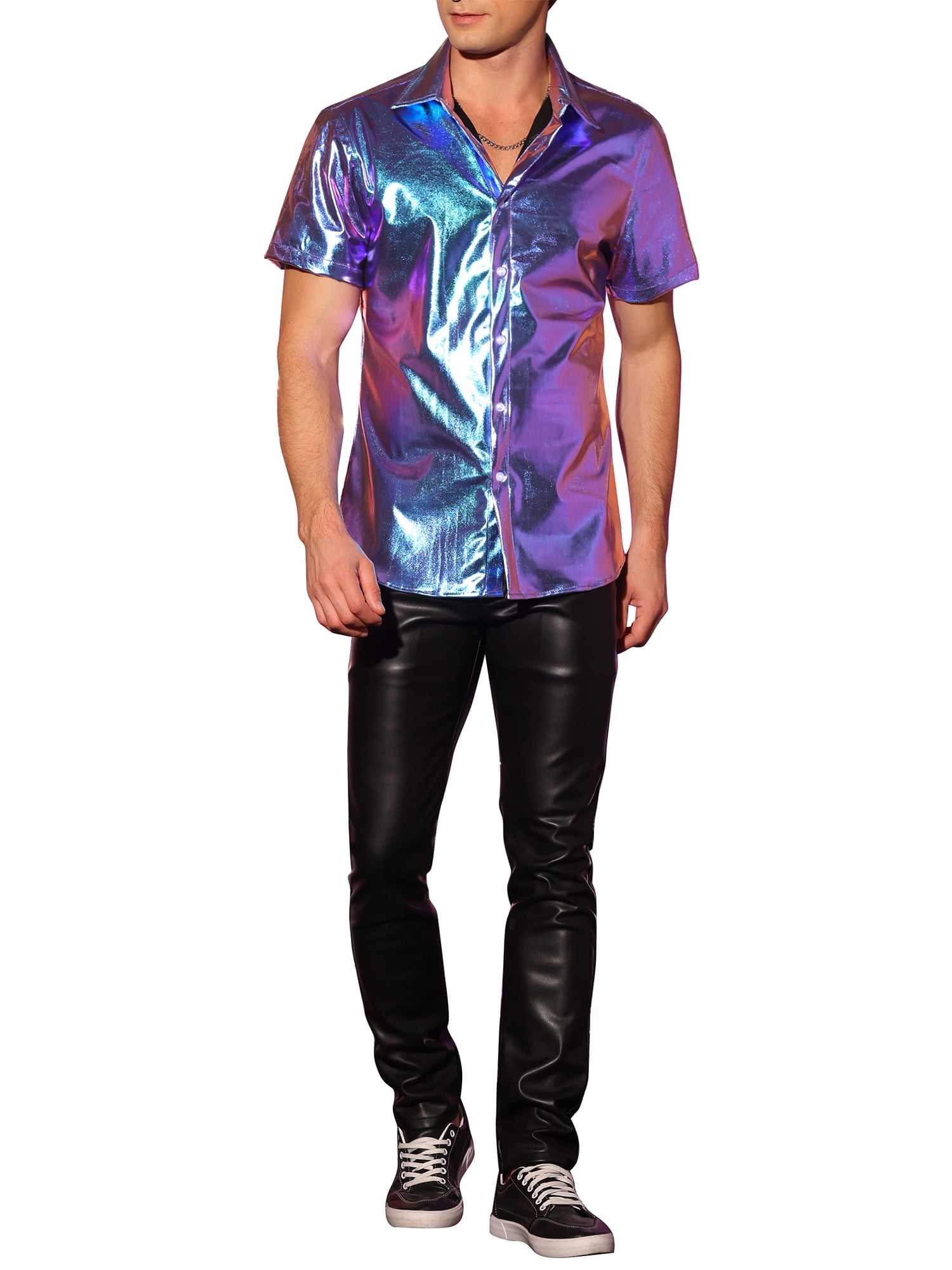 INSPIRE CHIC Holographic Shirts for Men's Crew Neck Short Sleeves Metallic Tops