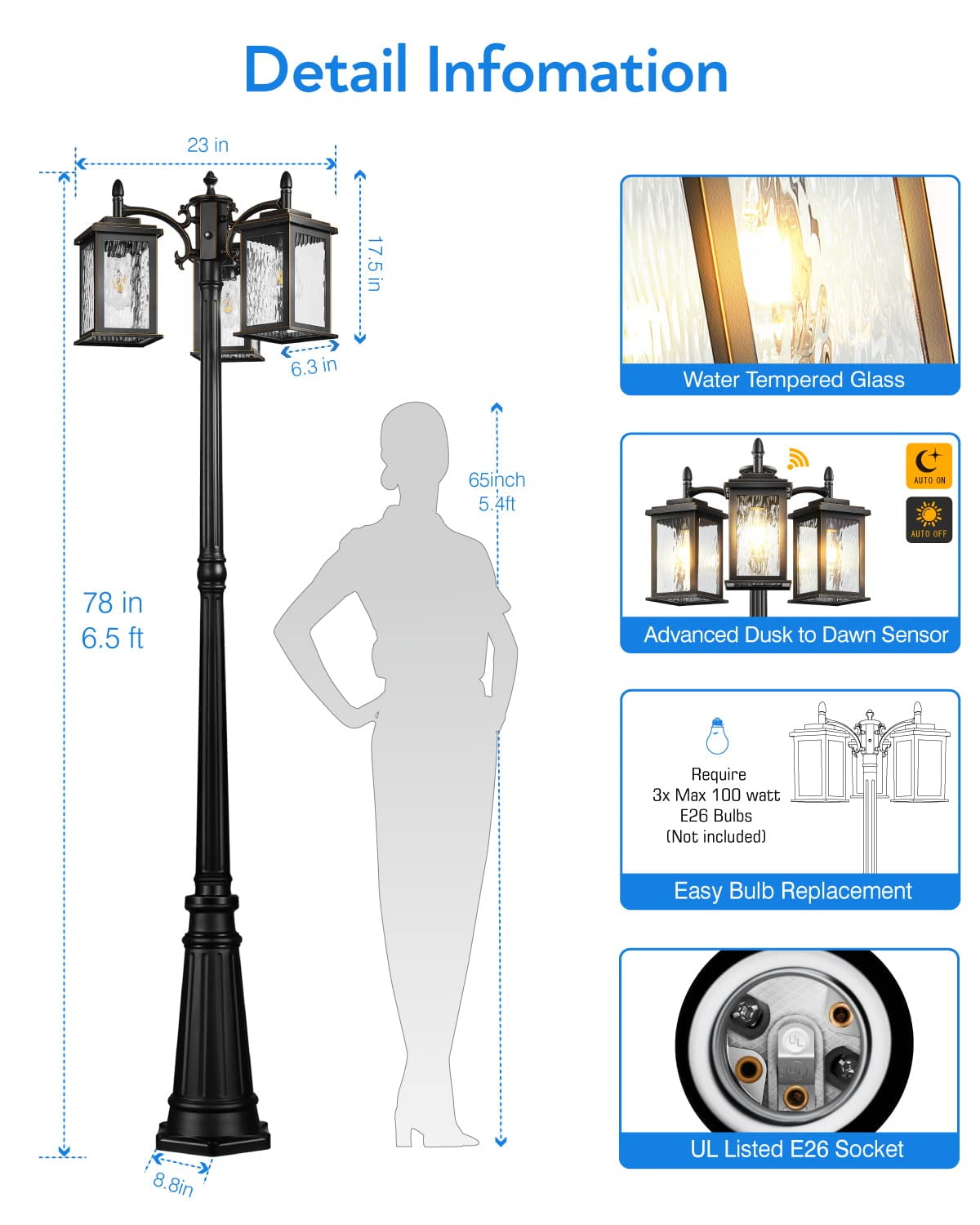 VIANIS Dusk to Dawn Lamp Posts Outdoor Lighting, Triple Head Street Light Pole Lamp for Outside, Waterproof Outdoor Post Light Fixtures Black with Tempered Ripple Glass for Garden Yard Patio Driveway
