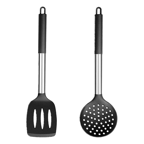 Juego de utensilios de cocina de 2, utensilio de cocina de silicona resistente al calor con mango de acero inoxidable