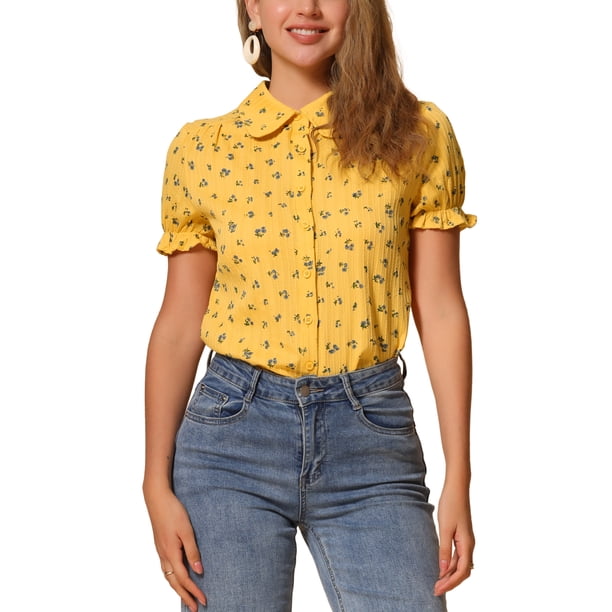 INSPIRAR CHIC Blusa de Algodón Floral con Cuello Peter Pan y Mangas Abullonadas para Mujeres, Ideal para el Verano, Casual, Talla XS, Amarillo y Púrpura
