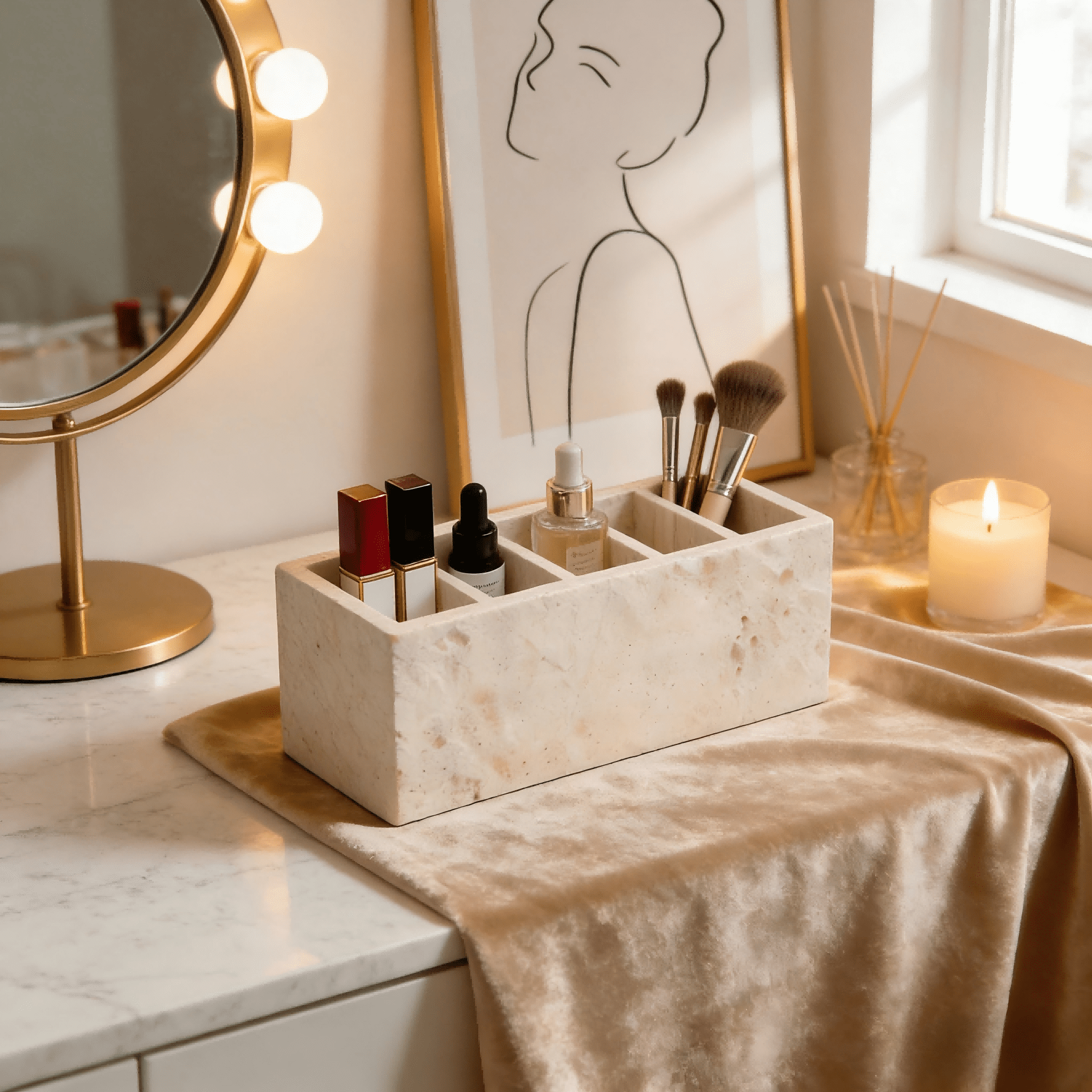 Marble Desk Organizer 5 Compartment Pen Holder, Calacatta Viola Natural Stone Box, Multi-Purpose Storage Caddy for Desk, Bathroom Vanity & Home Office