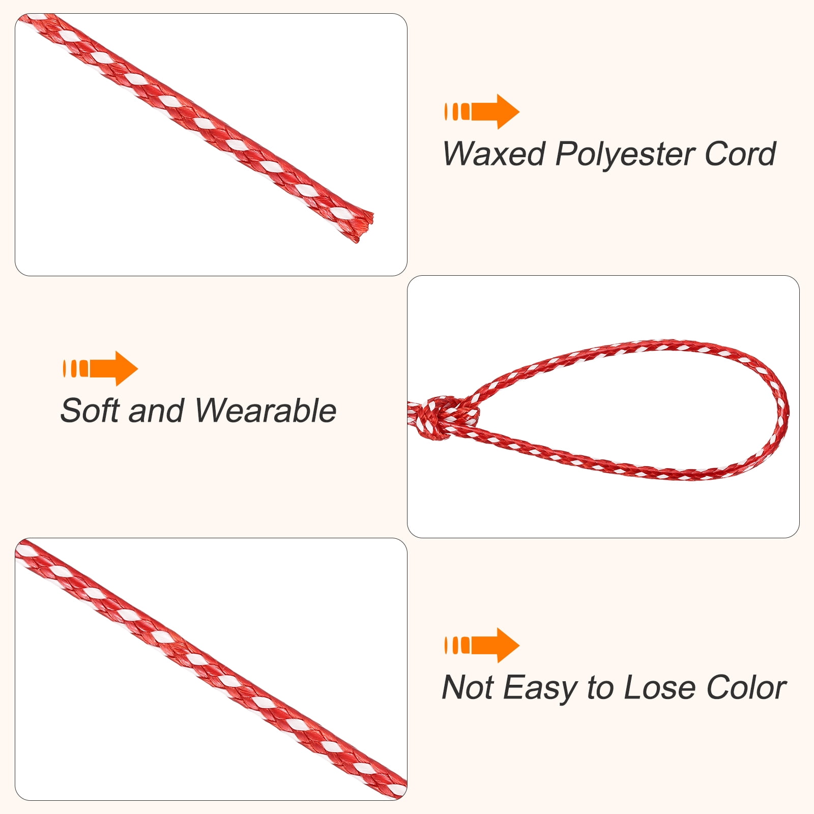 Waxed Cord 2mm Waxed Thread 87 Yard Wax String Leather Cord for Bracelet Making, Necklaces, Beading, Jewelry Making and DIY Crafts(Red/White)