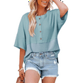 thumbnail image 3 of Women Waffle Knit Tops 2025 Fashion 3/4 Sleeve Crew Neck Oversized Patchwork Blouses Light Blue XL, 3 of 6