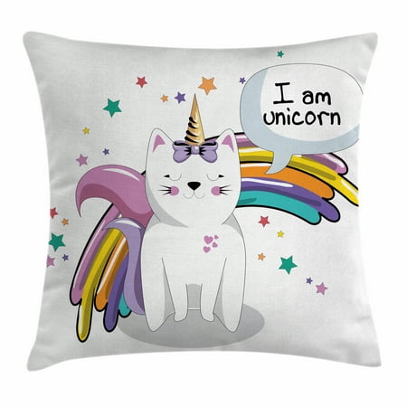 Unicorn Cat Throw Pillow Cushion Cover, Fairy Animal with Ice Cream Cone Bow Stars and Rainbow Kids Imagination Fiction, Decorative Square Accent Pillow Case, 24 X 24 Inches, Multicolor, by Ambesonne