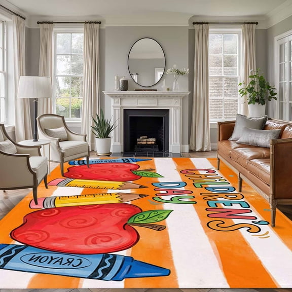 Children's Day Area Rugs 5'x7', Washable Small Throw Rugs for Laundry Room Playroom, Cartoon Pencil Watercolor Orange Striped Indoor Outdoor Rug Non-Slip Low Pile Carpet Runner Reversible Floor Mats