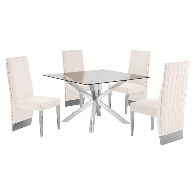 47" x 47" Clear Glass 5pc Dining Set with Silver Stainless Steel