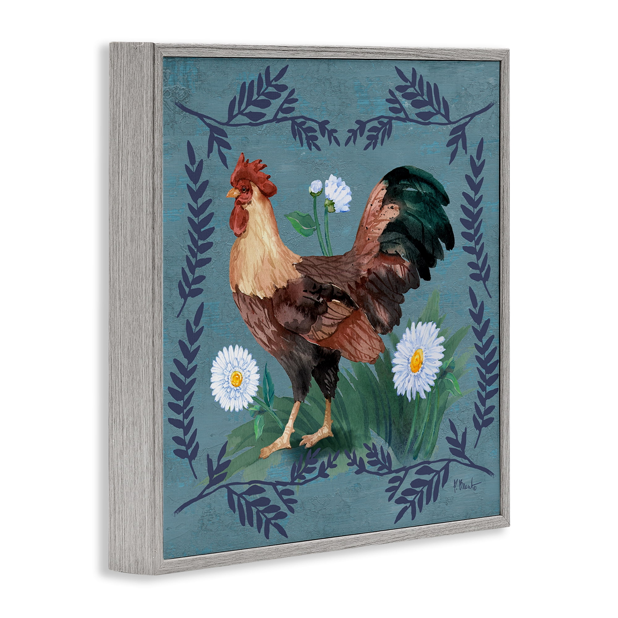 Stupell Industries Rooster & Fern Trim Animals & Insects Painting Gray Framed Art Print Wall Art, 12 x 12