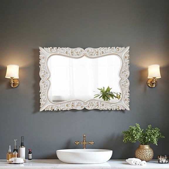 Sintosin Vintage Wall Mirror 20x27 inch, Antique Square Carved Frame with Distressed White, Gothic Decorative Hanging Mirror for Bathroom Living Room