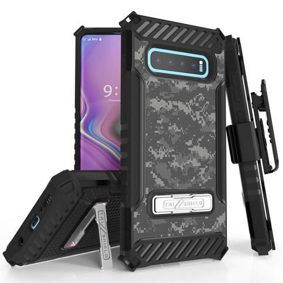 Galaxy S10 Plus (SM-G975) Case, TRISHIELD Rugged Cover With   [Belt Clip Holster]   [Built in kickstand] For Samsung Galaxy S10 Plus - Digital Camouflage