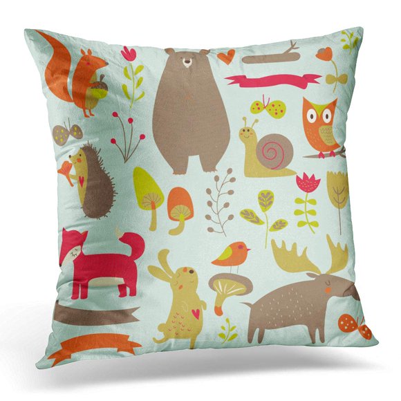 BOSDECO Forest s in Cute Bear Rabbit Elk Fox Hedgehog Snail Birds Squirrel Butterflies Owl Mushrooms Pillowcase Pillow Cover Cushion Case 16x16 inch