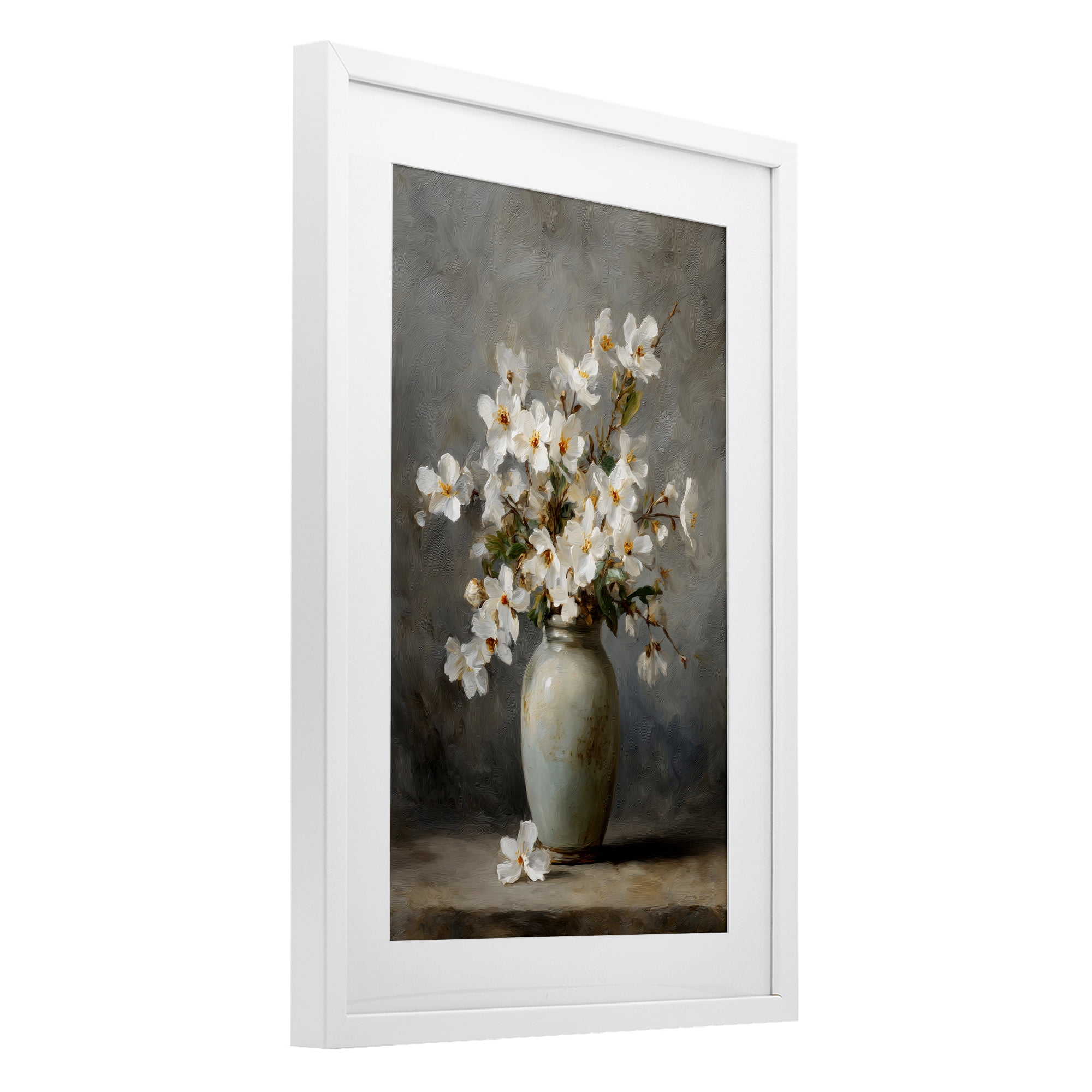 Stupell Industries Full White Flowers in Vase White Framed Print Under Glass, design by Petal Prints Design