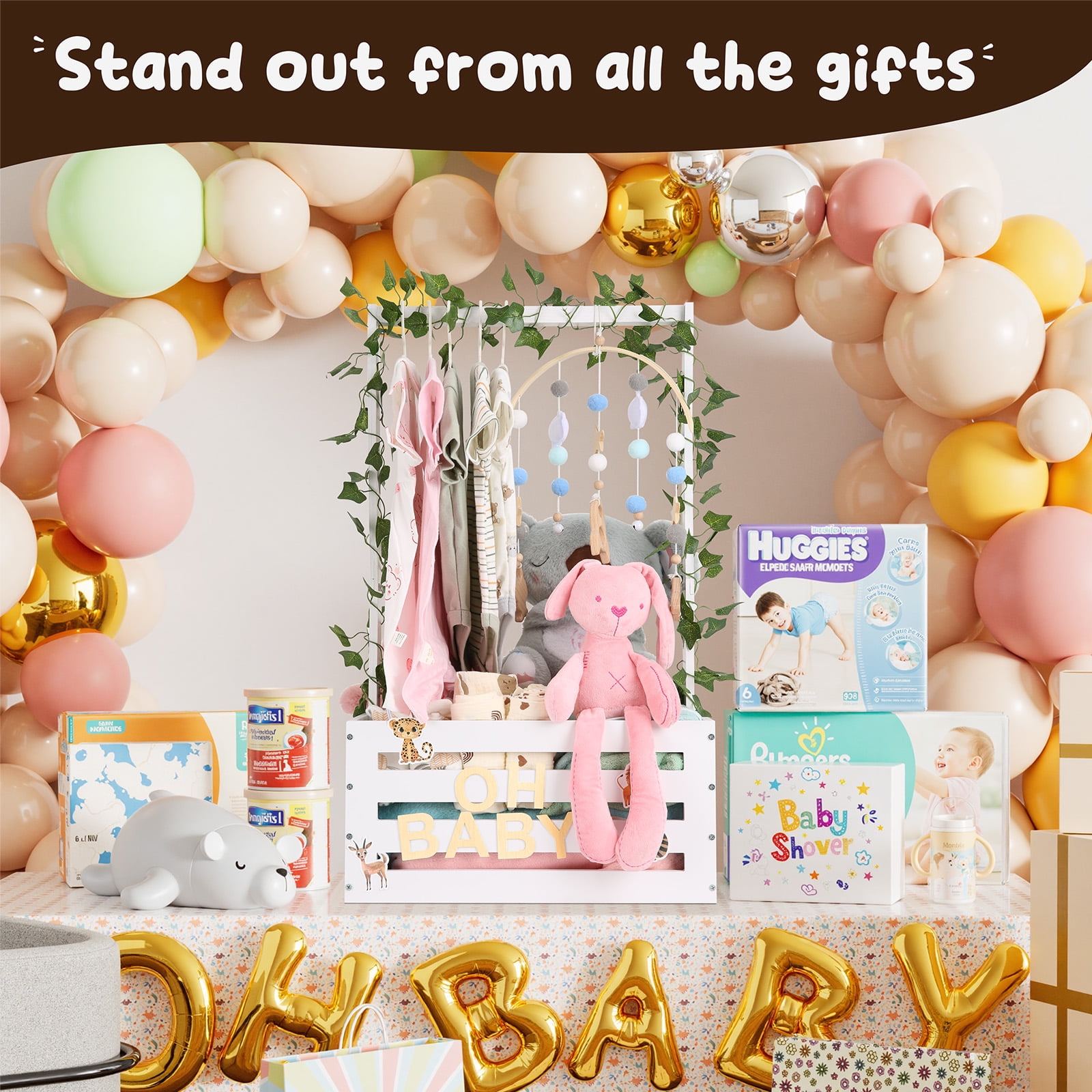TeSabMi Large Baby Shower Gifts Basket Wooden Crate, Personalized Wooden Letters Hangers New Born Baby Girl Boy Pregnancy Gifts for New Mom Parents Vine Decorations Cute Closet with Adjustable Handle