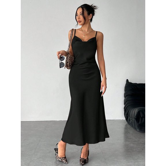 Black Satin Slip Dress With Spaghetti Straps And V-Neck For Evening Or Date Wear