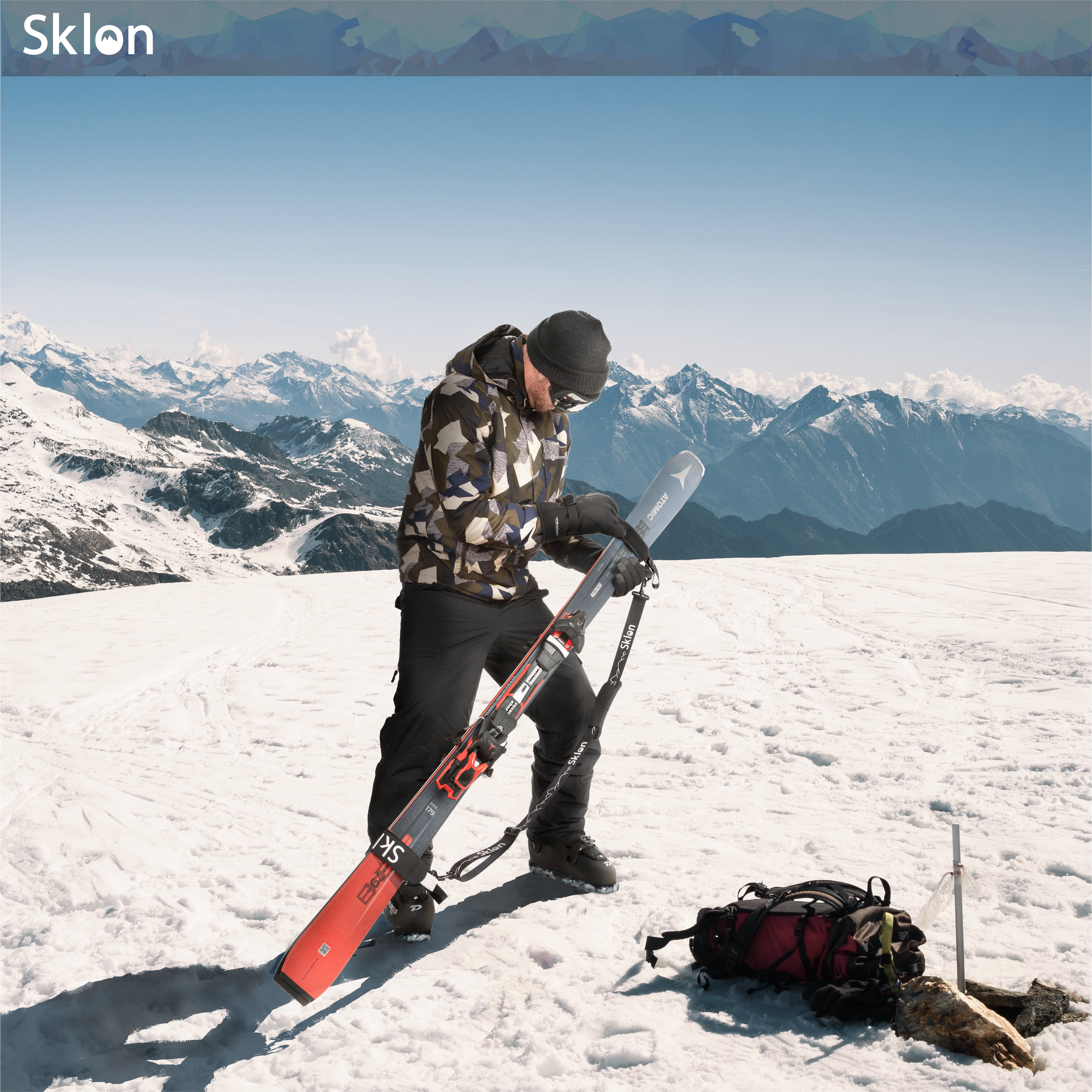 Ski Strap & Pole Carrier by Sklon Safety Ski Accessory w/Cushioned Shoulder Pad for Comfort 