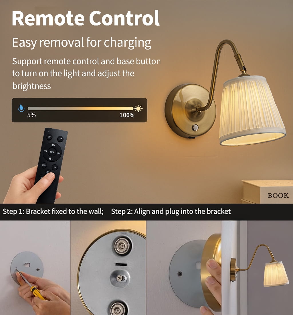 1-Light W6" Vintage Brass Battery Operated Wall Sconces Dimmable Integrated LED Rechargeable Cordless Swing Head Wall Lamp for Bedroom or Corridors