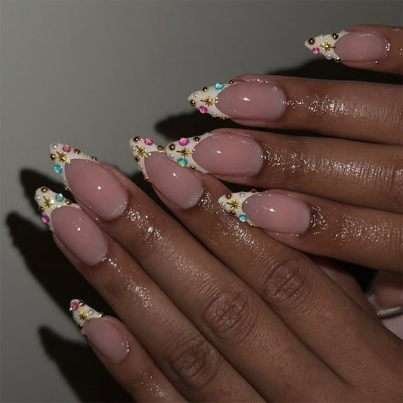 Huhudde 24Pcs Almond False Nails Press On With Glitters French Tips And Rhinestones Acrylic Nails Party Ready Nails For Women