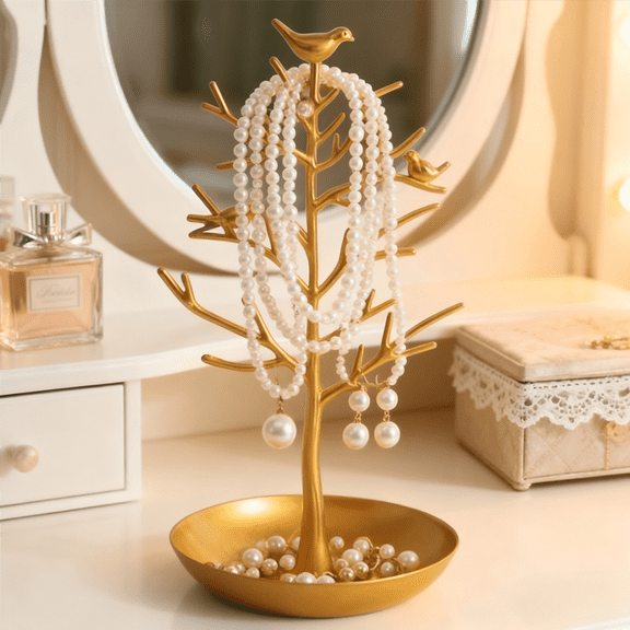 11.8” Metal Jewelry Rack with Ring Organizing Tray, Gold Tree & Birds Necklace Earring Bracelet Display Stand for Women
