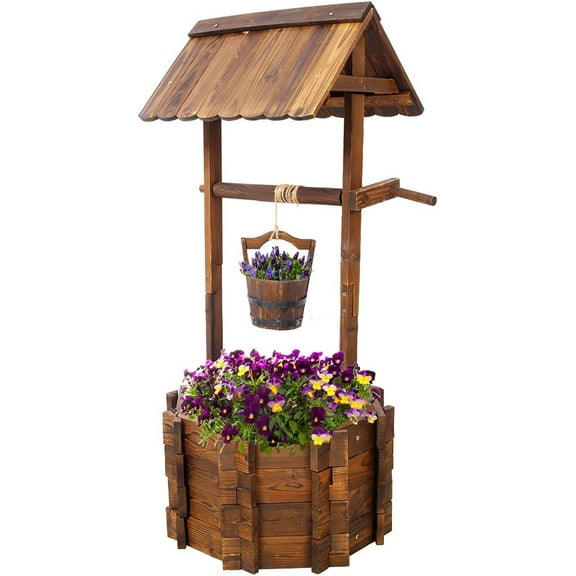 Wooden Wishing Well Outside, Large Wishing Well Planter with Hanging Bucket, Rustic Flower Planter Patio Garden Lawn Home Decor, 45.4'' x 20'' x 20''