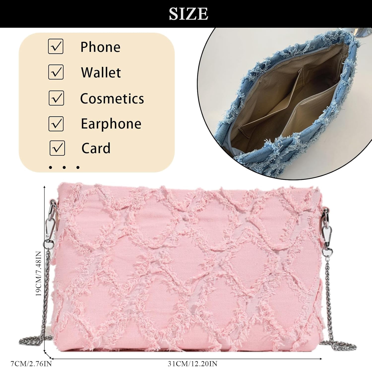 Denim Crossbody Bags for Women Trendy Quilted Denim Bag Jean Purses and Handbags with Chain Strap