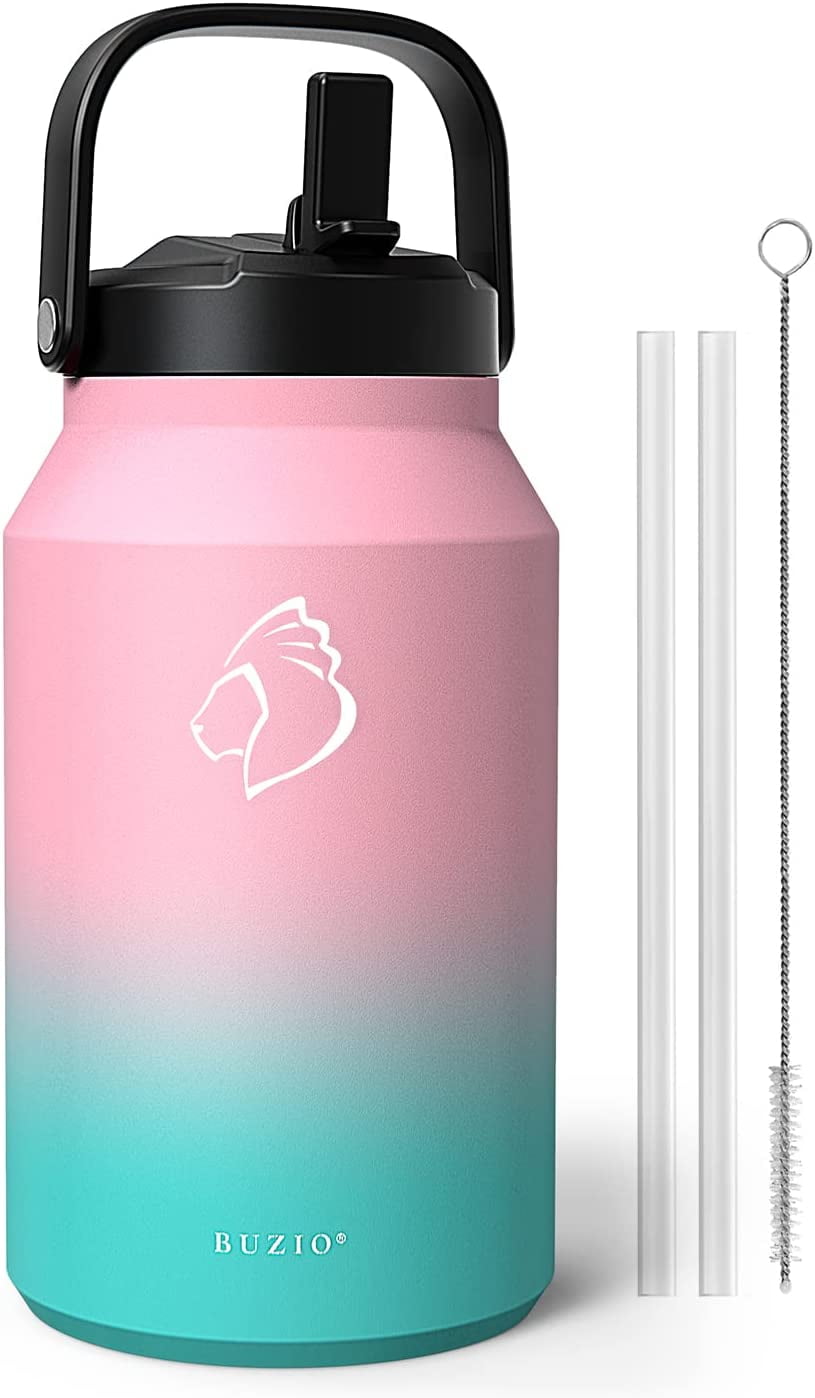 BUZIO 64oz Insulated Water Bottle with Straw Lid, Half Gallon Double