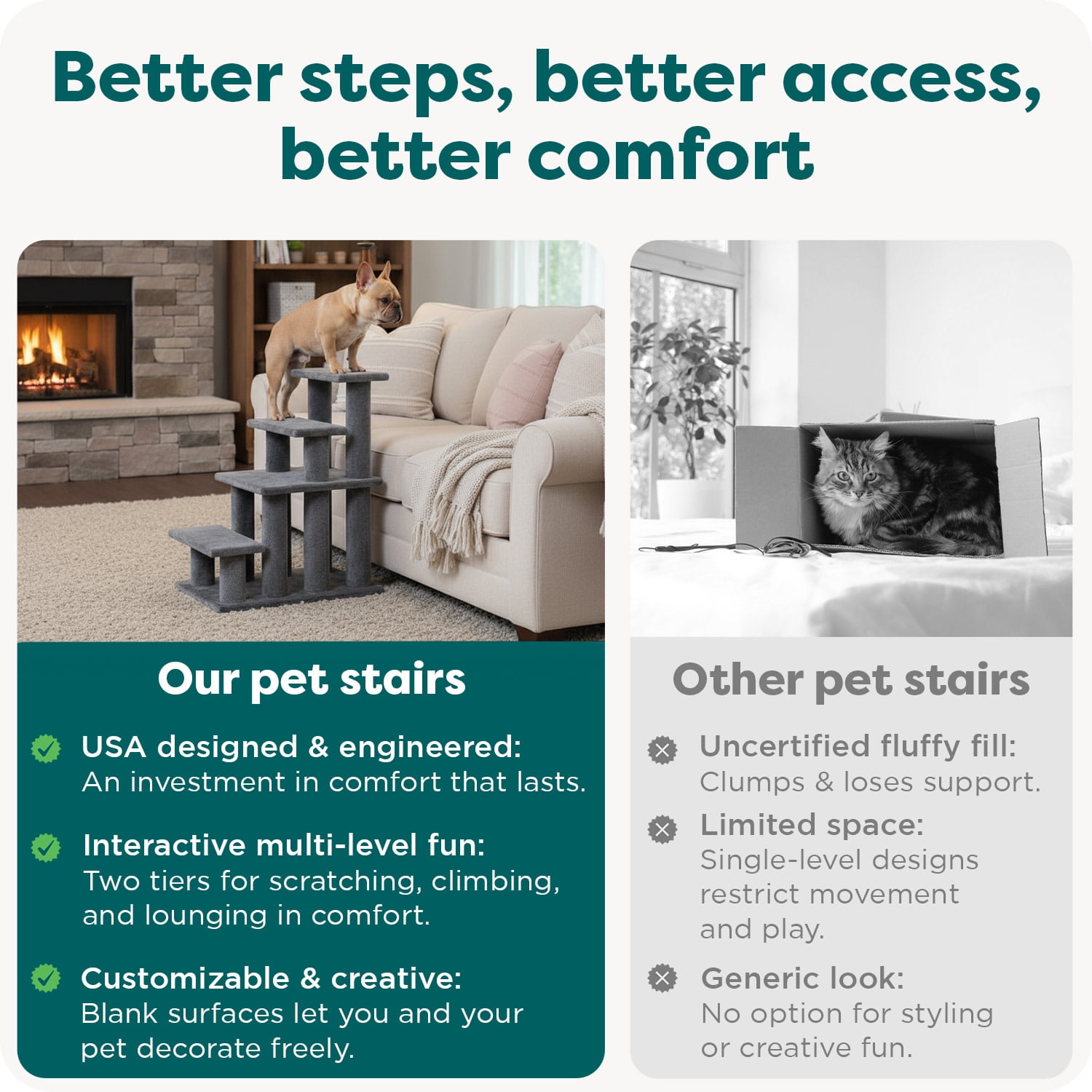 FurHaven Steady Paws Multi-Step Pet Stairs for High Beds & Sofas, Faux Fur Covered Dog Stairs for Small & Large Dogs, 3-Step Design, Plush Faux Fur, Gray