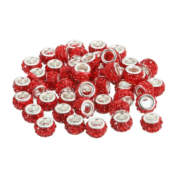 50Pack European Large Hole Beads, Rhinestone Craft Beads, Red