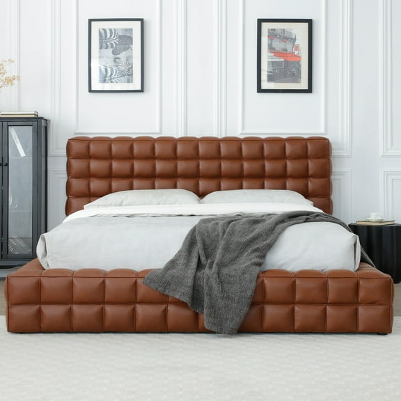 Livia Queen Size Faux Leather Upholstered Bed Fram in Brown