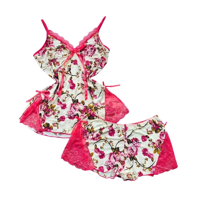 Camisón de seda para mujer Gibobby Conjunto de pijama con tirantes de encaje corto con pantalones cortos Rojo S