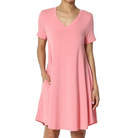 - TheMogan Women's S~3X Short Sleeve V-Neck Draped Trapeze Pocket Short Tunic Dress