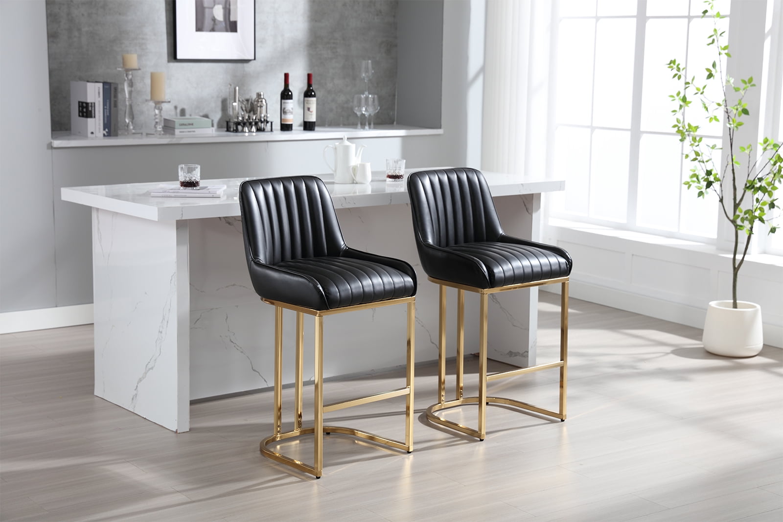 Dayalane Counter Height Bar Stools Set of 2, PU Upholstered Kitchen Barstools with Back and Gold Base, 26 " Modern Elegant Island Chairs for Restaurant Bar Dining Room, Black
