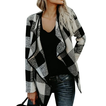 - STARVNC Women Long Sleeve Plaid Coat Asymmetric Hem Cardigan