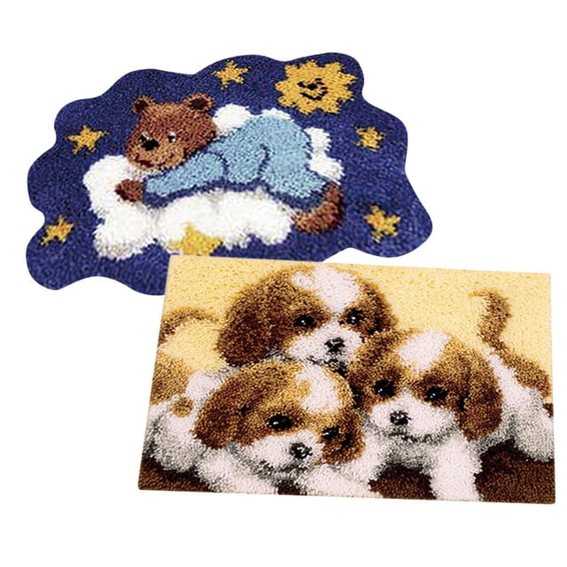 veasfak 2 Sets Puppy Bear Pattern Latch Hook Rug Kits Carpet Cushion Mat Handmade Craft