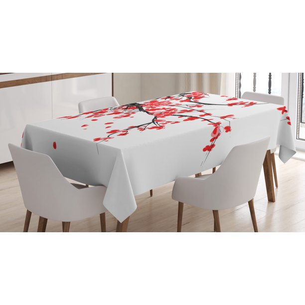 Floral Tablecloth, Japanese Cherry Blossom Sakura Blooms Branch Spring