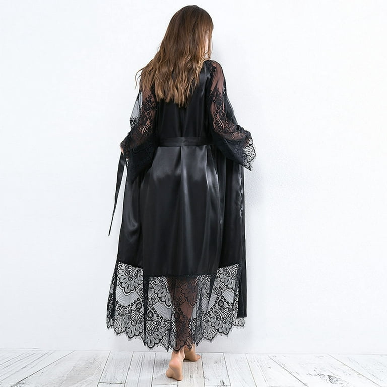 Douhoow Plus Size Women Bathrobe Long Kimono Lace Nightdress Sleepwear S-3XL