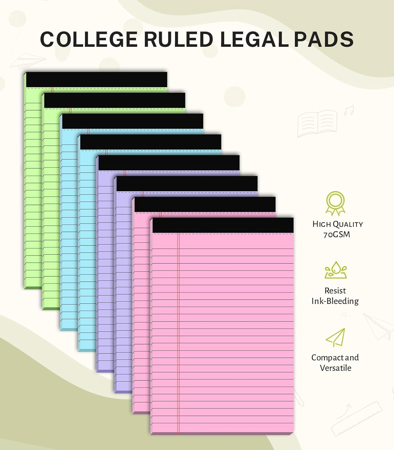 Note Pads 5x8, Narrow Ruled Legal Pad, Multicolor Small Notepads, 30 Sheet/notepad, 8 Pack Colored Legal Pads, Pink Legal Pad, Purple Notepad, Perforated Lined Note Pads for Study, Office, To-Do