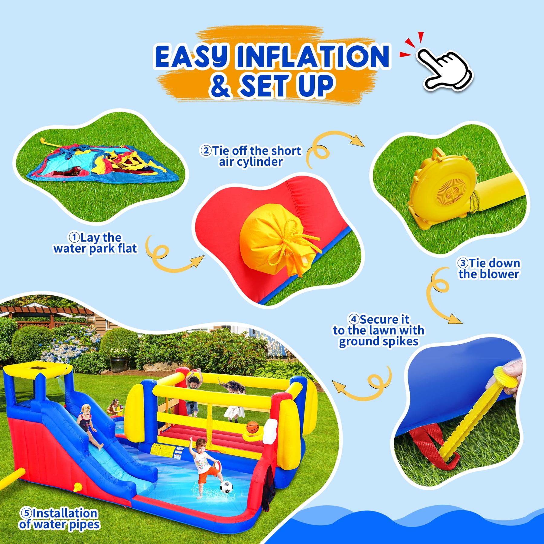 Mintazer 7-in-1 Inflatable Bounce House with Water Pool, Basketball Hoop, Climbing Wall & Water Guns, Indoor & Outdoor Play Castle for Kids