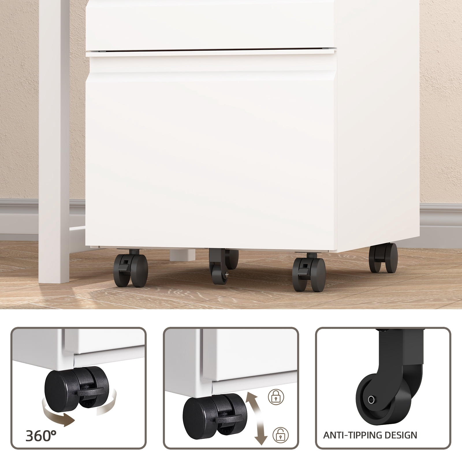 Marcree Filing Cabinets, Mobile File Cabinet with Lock for Home Office, 3 Drawer Filing Cabinet for A4/Letter/Legal Size Folder, Metal Vertical White Filing Cabnet on Wheels, Fully Assembled