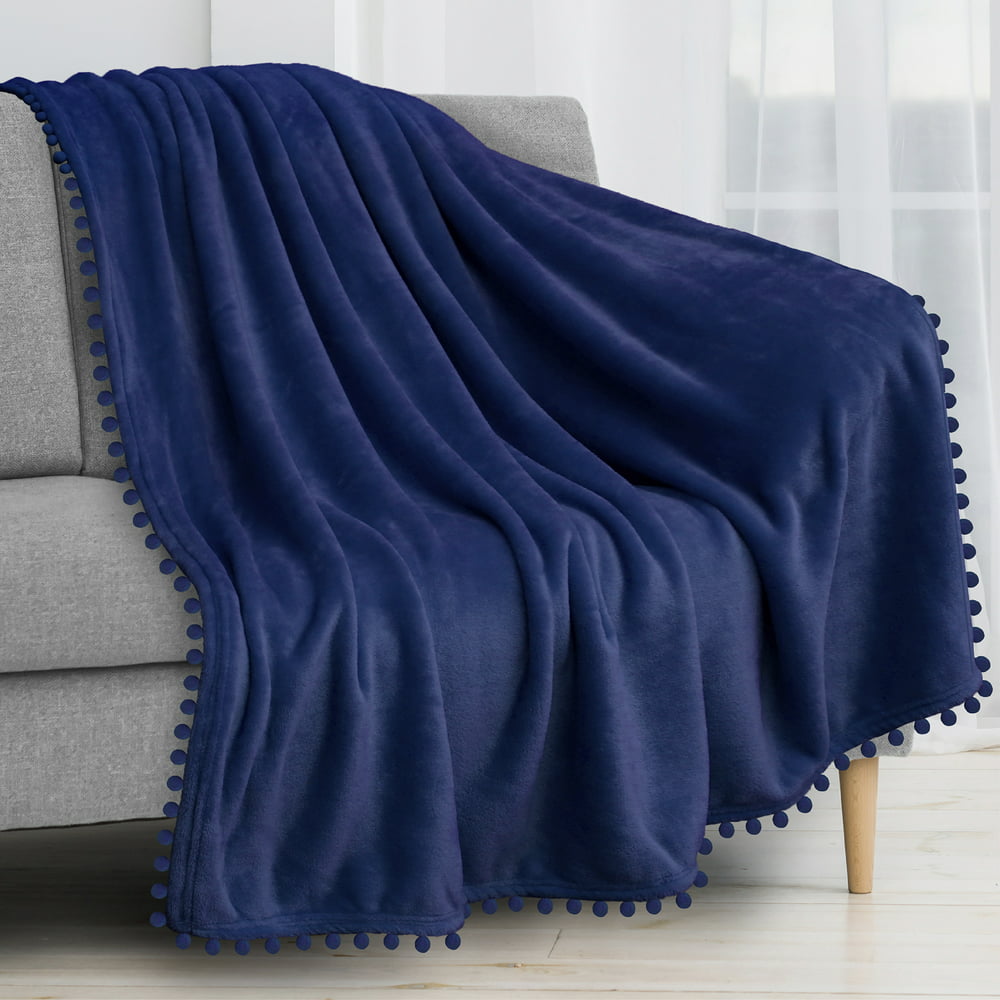 Pavilia Pom Pom Blanket Throw Royal Blue Soft Fleece Pompom Fringe