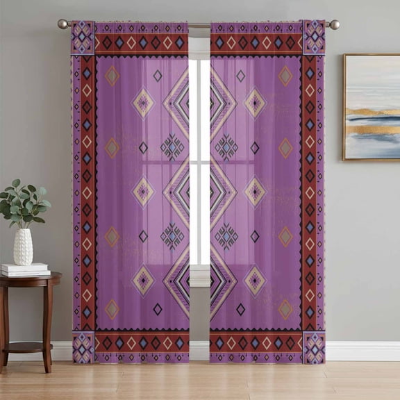 Sheer Curtains 72 Inches Long 2 Panels Set for Bedroom, Purple Boho Semi Sheer Curtains for Windows, Country Abstract Geometric Ethnic Aesthetic Voile Window Treatments Rod Pocket Curtain