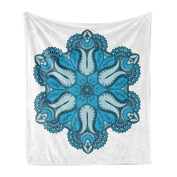 Mandala Soft Flannel Fleece Throw Blanket, Old Aged Artisan Occult Power with Tulip Petal and Crescent Moons Design, Cozy Plush for Indoor and Outdoor Use, 50" x 60", Blue, by Ambesonne