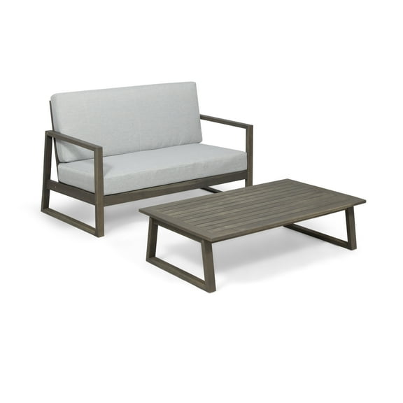 Muad Outdoor Acacia Wood Chat Set with Coffee Table, Gray and Light Gray