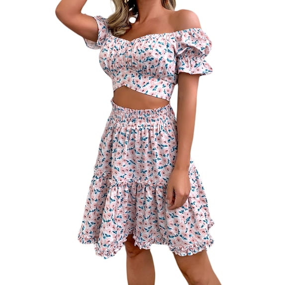 Sedceaty Women’s Casual T-shirt and Skirt Suit Fashion Floral Boat Neck Tops and A-line Mid-length Skirt