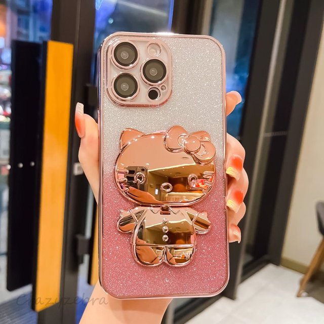 Lindo Dibujo Animado Hello Kitty Maquillaje Espejo Lujo Cambio Gradual Soporte De Silicona Funda Para IPhone 11 12 13 Pro Max 14 Plus