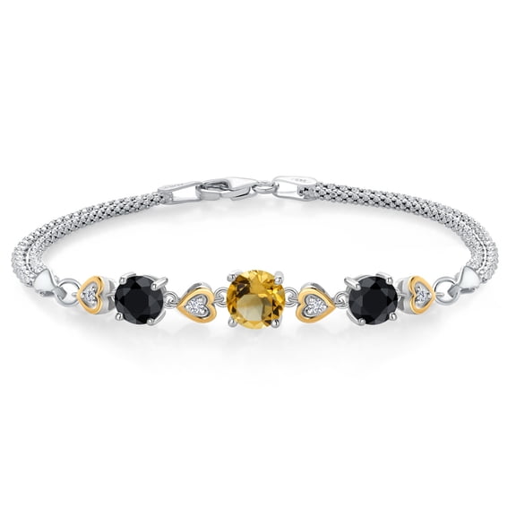 Gem Stone King 925 Sterling Silver and 10k Yellow Gold Yellow Citrine Black Sapphire and White Lab Grown Diamond Bracelet for Women (3.68 Cttw, Round 7MM and 6MM, 6.5/7/7.5 inch, Made in Italy)