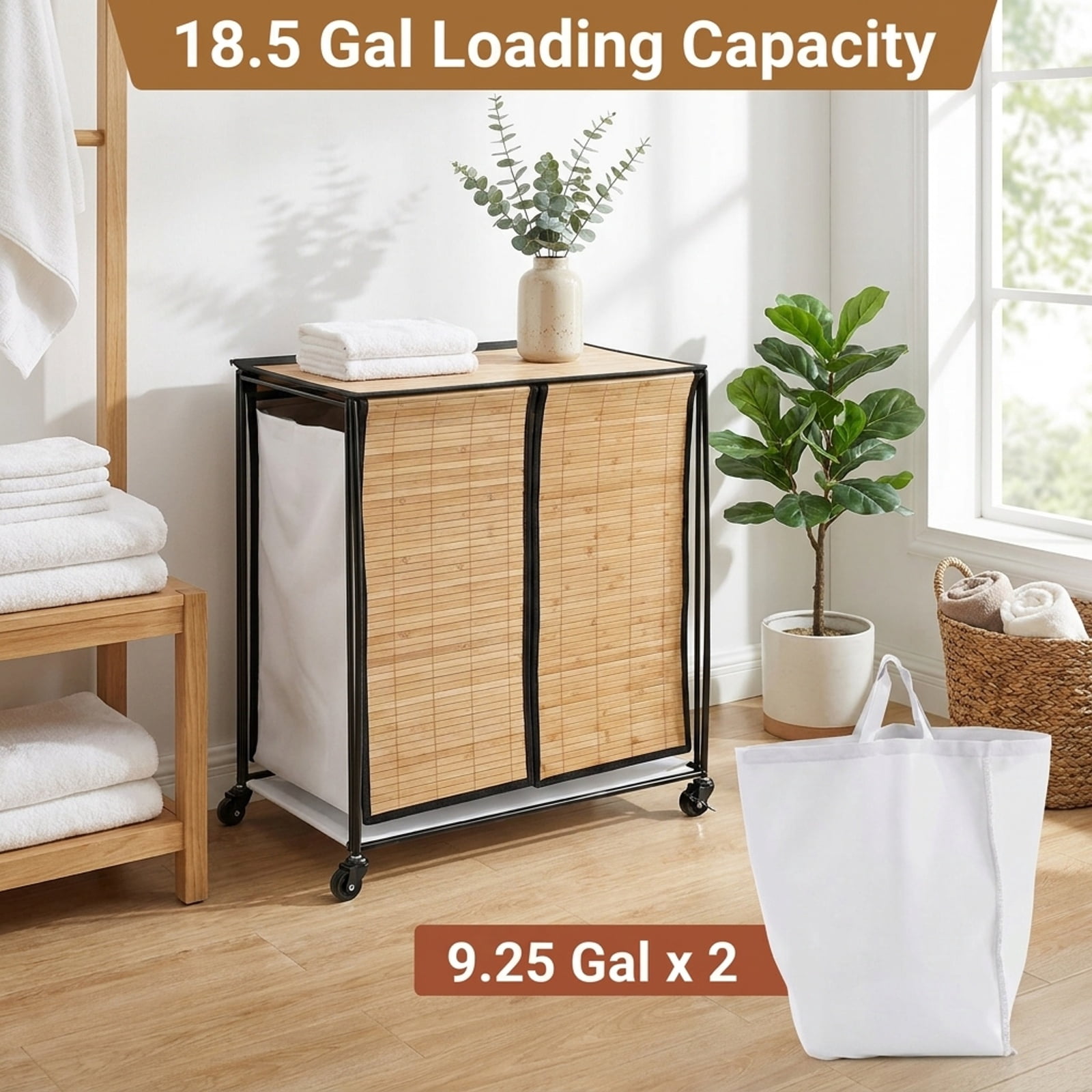 Vebreda 18.5-Gallon 2-Section Laundry Hamper with Lid & 2 Lockable Wheels, Rolling Clothes Hamper & Laundry Sorter with Removable Liner Bags for Bathroom & Bedroom